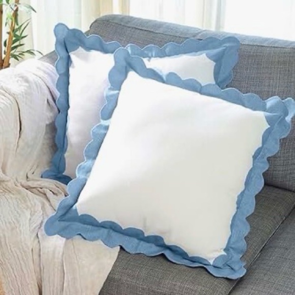 Boho Folkulture Throw Pillow Covers (18” x 18”) White with Blue Scalloped Trim